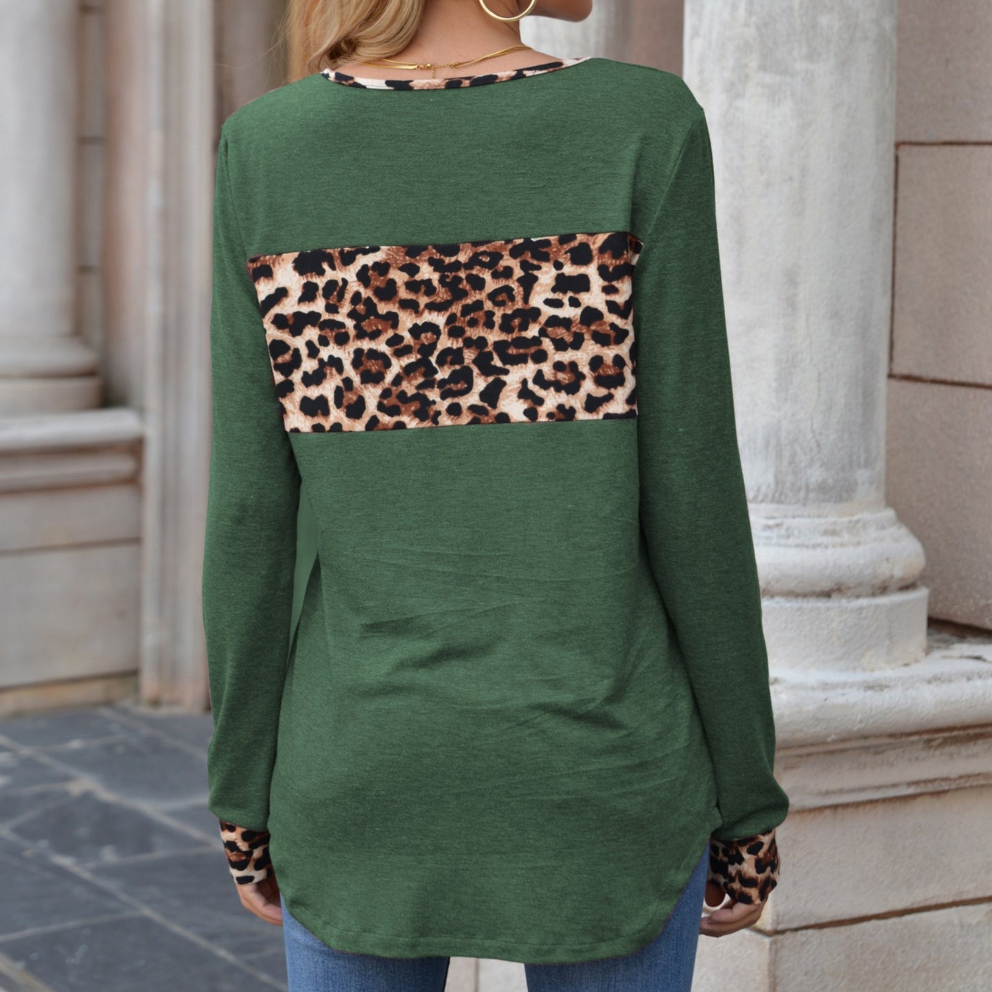 Long Sleeve Pullover Top with Leopard Print Chest Panel and Cuff Accents