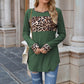 Long Sleeve Pullover Top with Leopard Print Chest Panel and Cuff Accents
