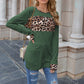 Long Sleeve Pullover Top with Leopard Print Chest Panel and Cuff Accents