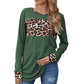 Long Sleeve Pullover Top with Leopard Print Chest Panel and Cuff Accents