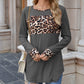 Long Sleeve Pullover Top with Leopard Print Chest Panel and Cuff Accents