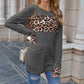 Long Sleeve Pullover Top with Leopard Print Chest Panel and Cuff Accents