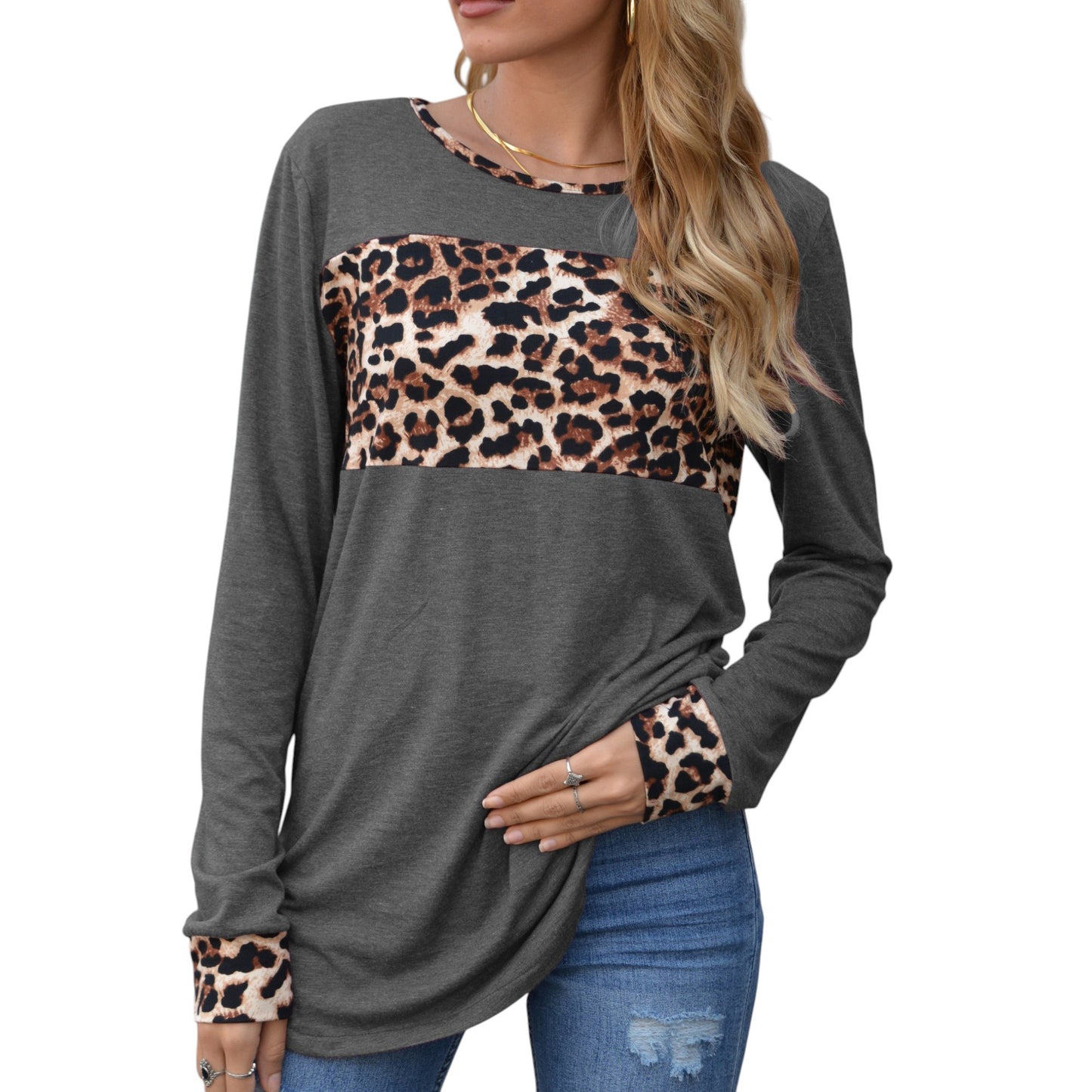 Long Sleeve Pullover Top with Leopard Print Chest Panel and Cuff Accents