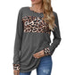 Long Sleeve Pullover Top with Leopard Print Chest Panel and Cuff Accents