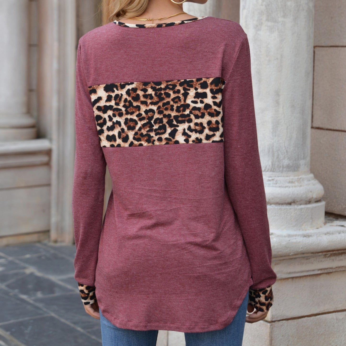 Long Sleeve Pullover Top with Leopard Print Chest Panel and Cuff Accents