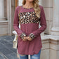 Long Sleeve Pullover Top with Leopard Print Chest Panel and Cuff Accents