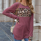 Long Sleeve Pullover Top with Leopard Print Chest Panel and Cuff Accents