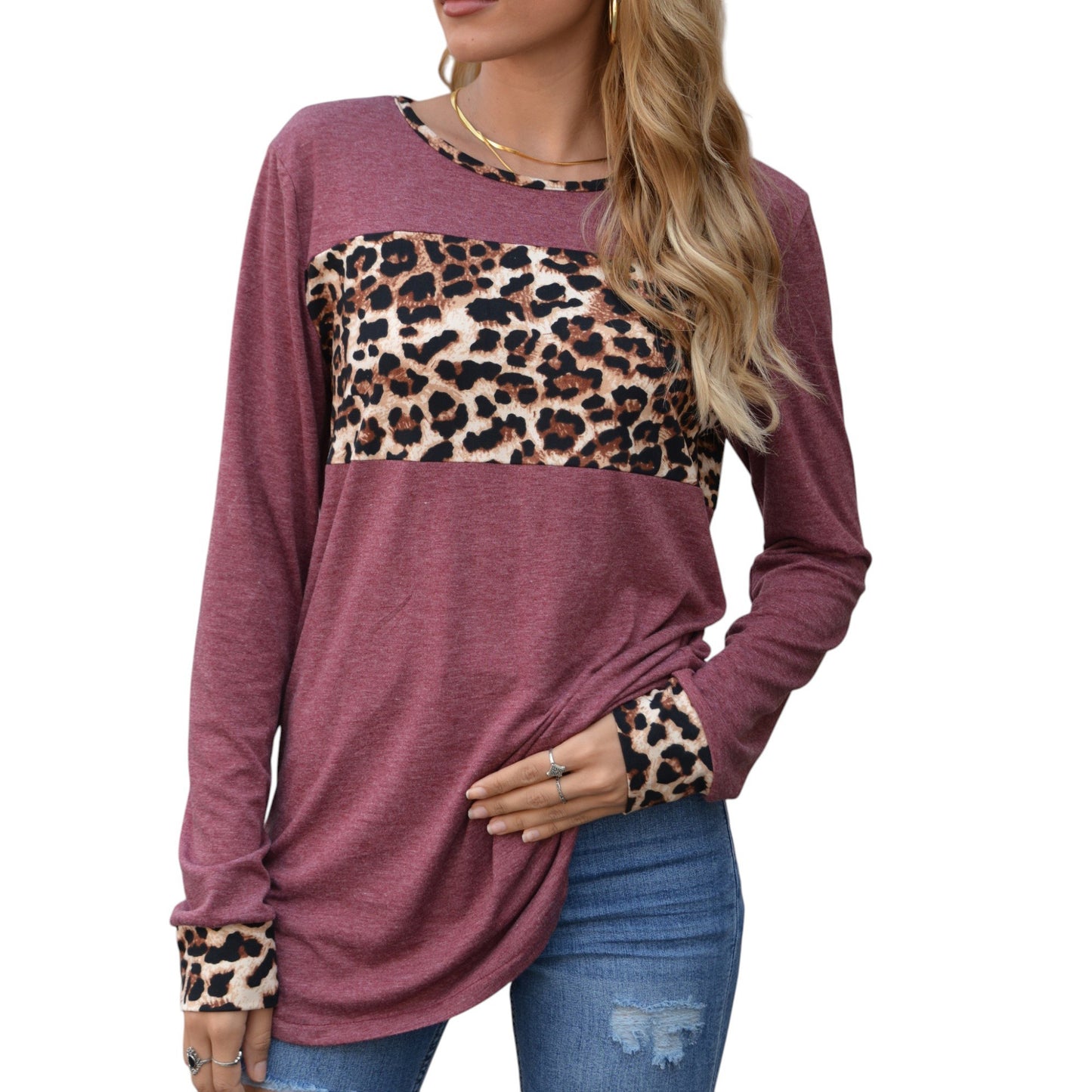 Long Sleeve Pullover Top with Leopard Print Chest Panel and Cuff Accents