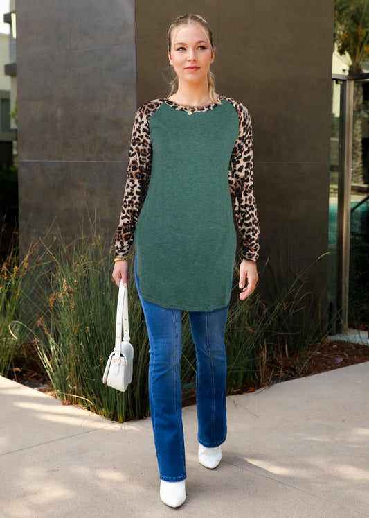 Leopard Print Two Tone Baseball Tee