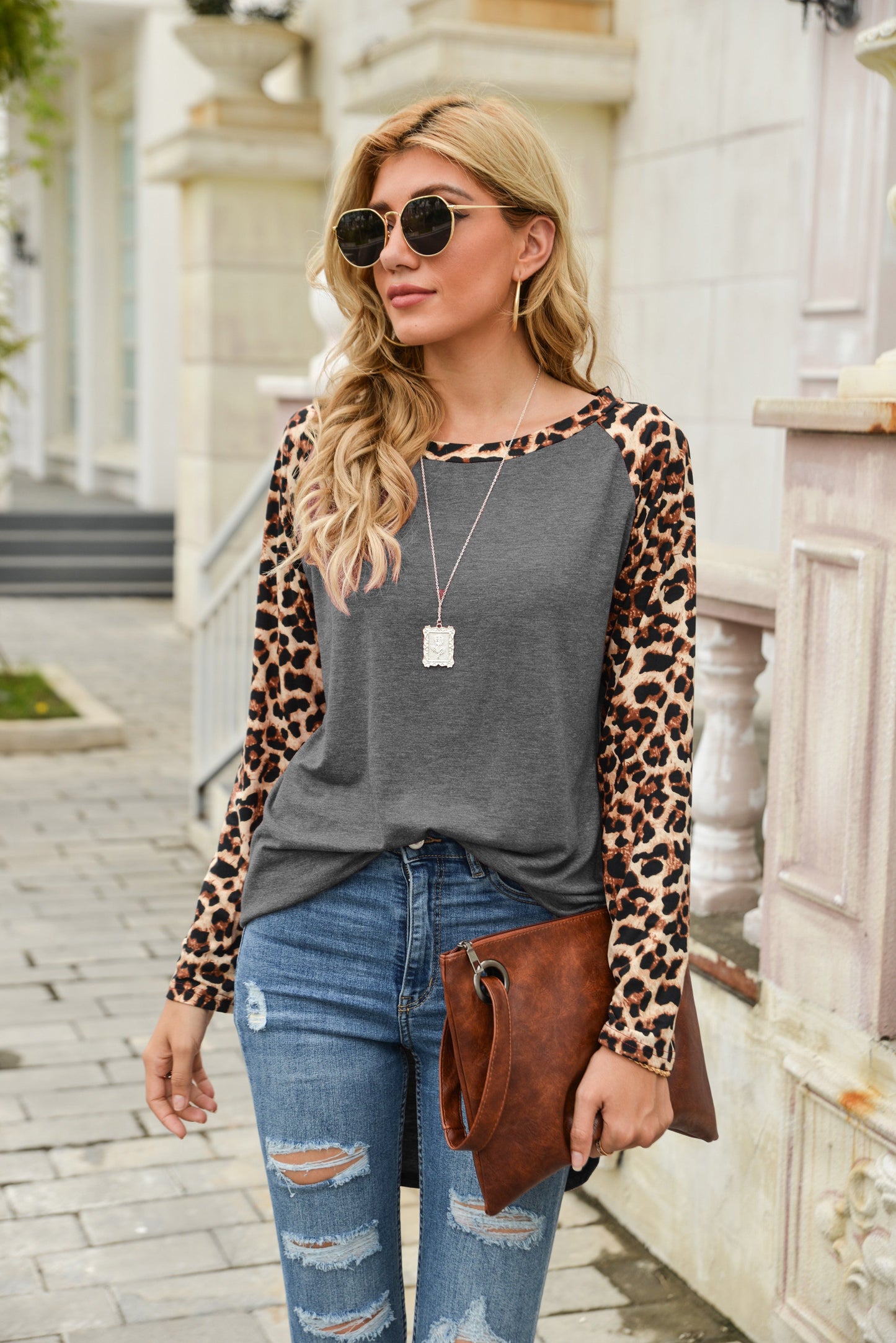 Leopard Print Two Tone Baseball Tee