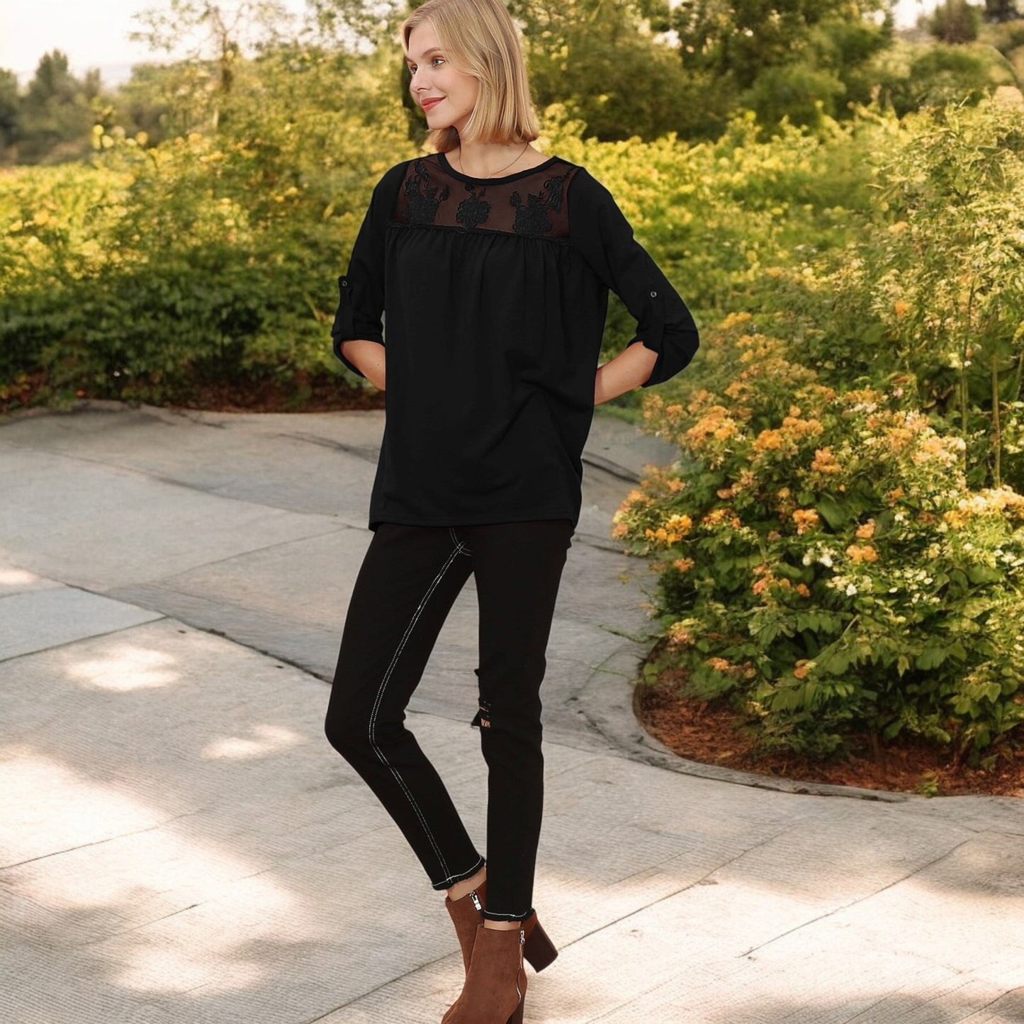 3/4 Sleeve Loose Fit Top with Sheer Floral Lace Yoke and Button Tab Sleeves