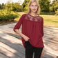 3/4 Sleeve Loose Fit Top with Sheer Floral Lace Yoke and Button Tab Sleeves