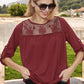 3/4 Sleeve Loose Fit Top with Sheer Floral Lace Yoke and Button Tab Sleeves