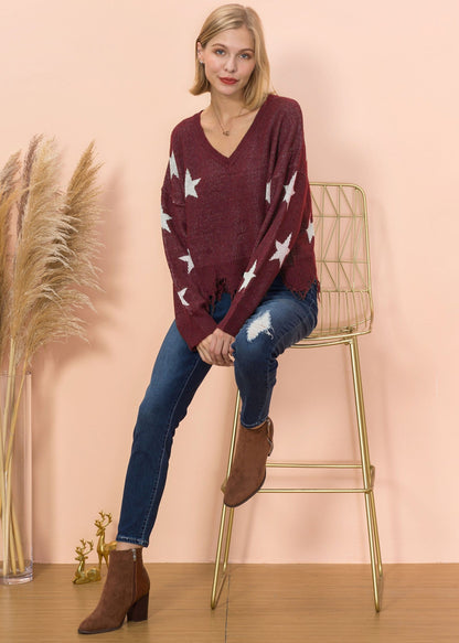 Star Pattern Frayed Hem Sweater