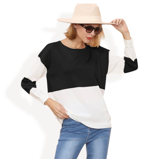 Long Sleeve Color Block Pullover Top with Ribbed Crew Neck and Relaxed Fit