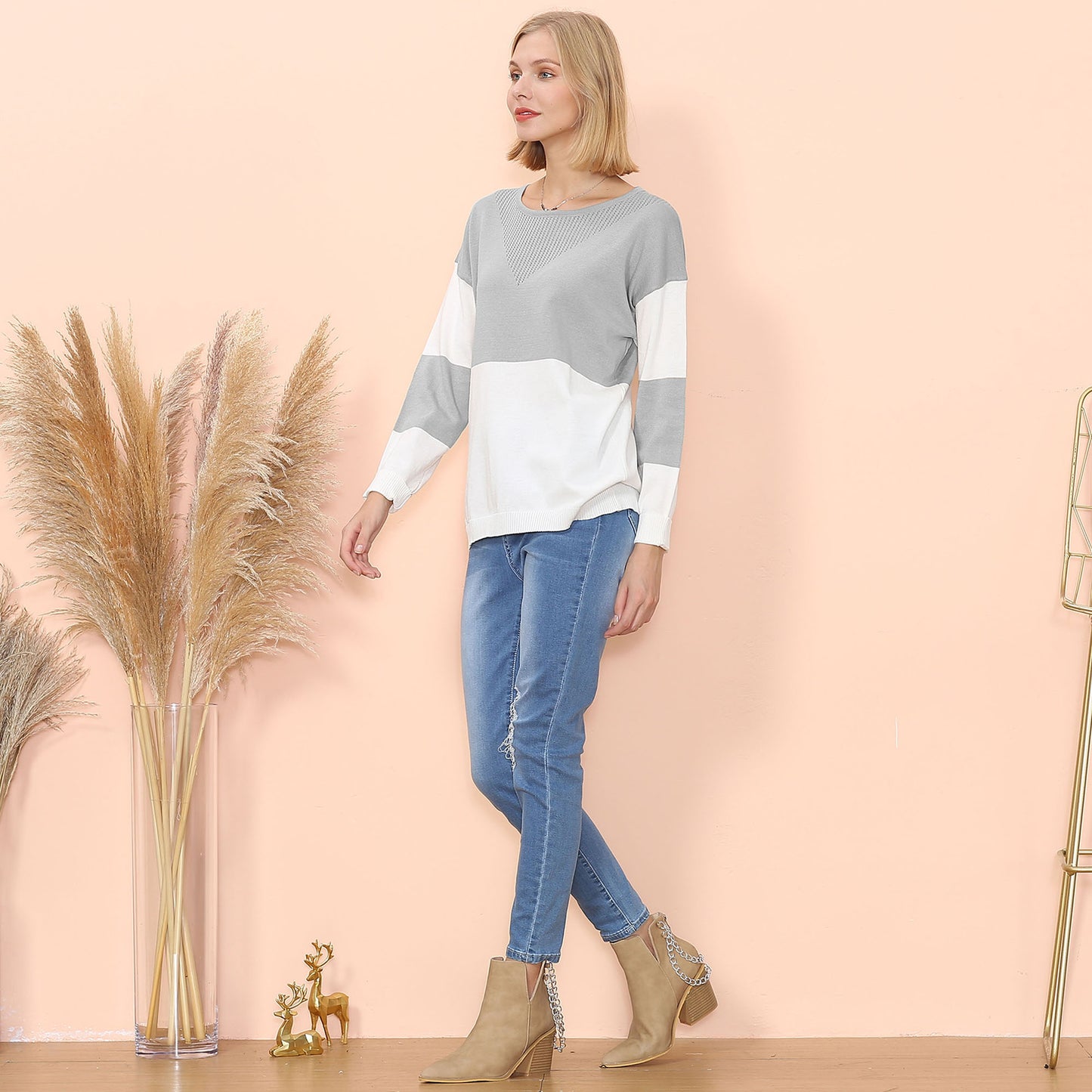 Long Sleeve Color Block Pullover Top with Ribbed Crew Neck and Relaxed Fit