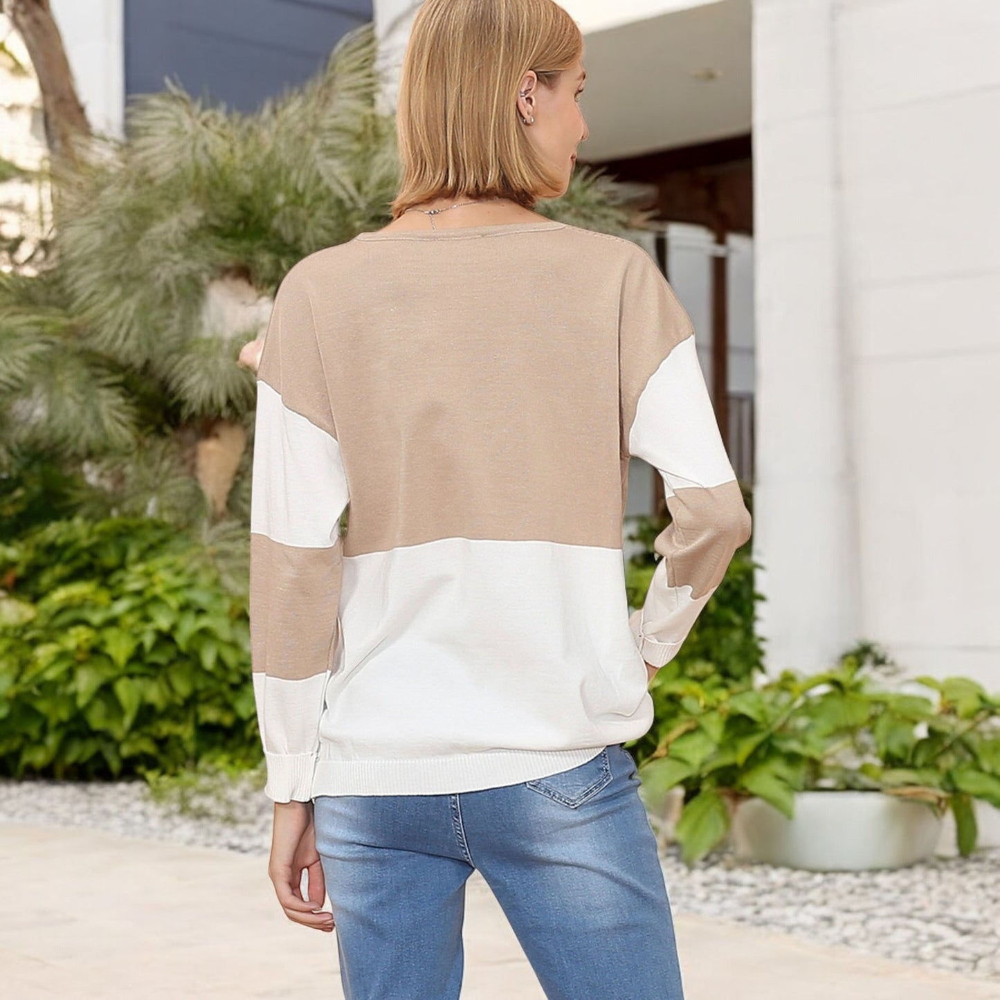 Long Sleeve Color Block Pullover Top with Ribbed Crew Neck and Relaxed Fit