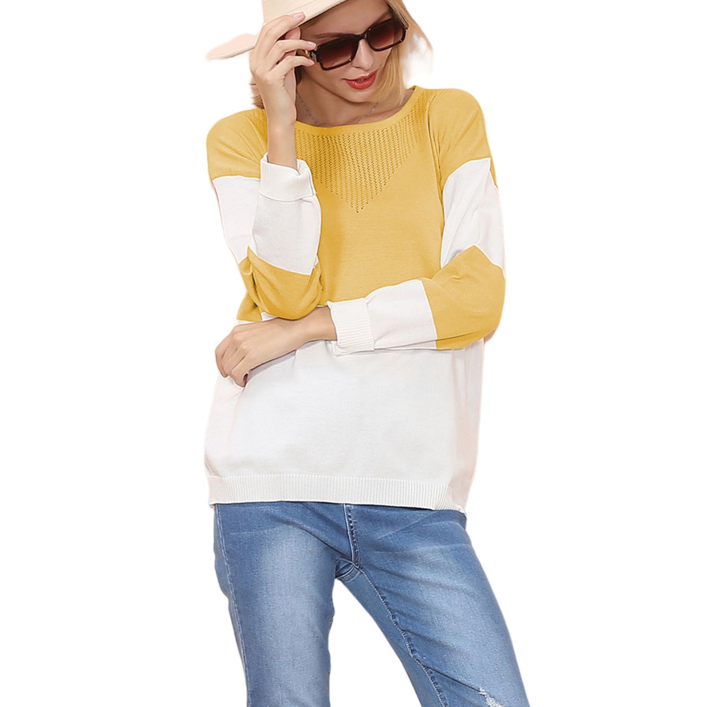 Long Sleeve Color Block Pullover Top with Ribbed Crew Neck and Relaxed Fit