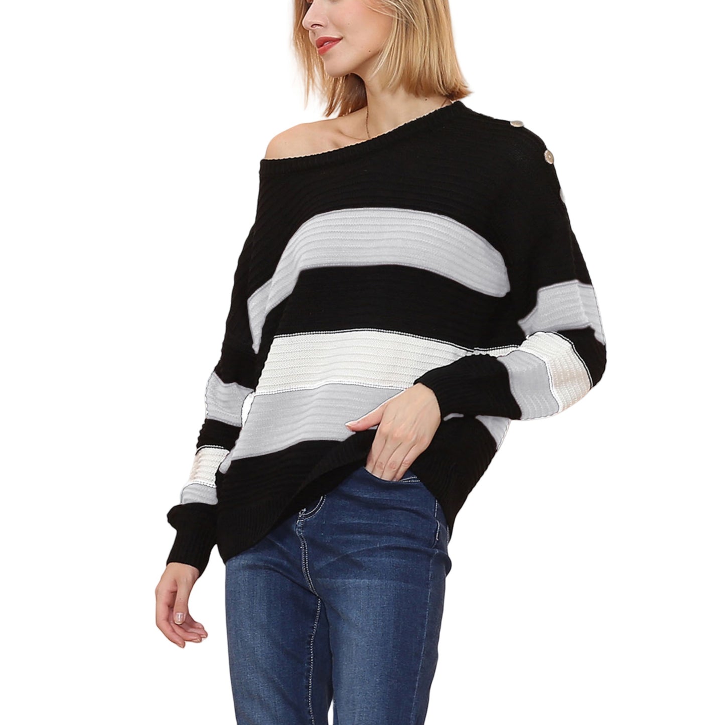 Long Sleeve Pullover Knit Sweater with Bold Wide Stripe Pattern and Relaxed Fit