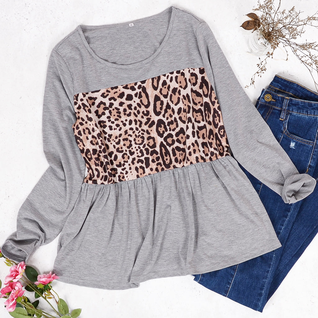 Leopard Panel Shirred Bottom Sweater