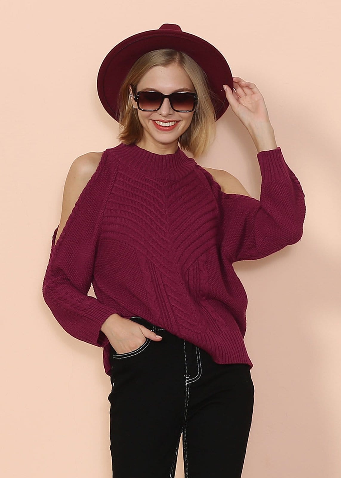 Cold Shoulder Cable Knit Sweater