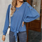 Long Sleeve Waffle Knit Pullover Top with Shoulder Button Detail and Front Tie Hem