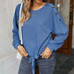 Long Sleeve Waffle Knit Pullover Top with Shoulder Button Detail and Front Tie Hem