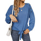 Long Sleeve Waffle Knit Pullover Top with Shoulder Button Detail and Front Tie Hem