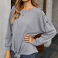 Long Sleeve Waffle Knit Pullover Top with Shoulder Button Detail and Front Tie Hem