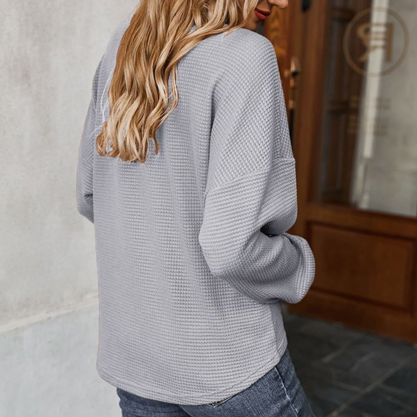 Long Sleeve Waffle Knit Pullover Top with Shoulder Button Detail and Front Tie Hem