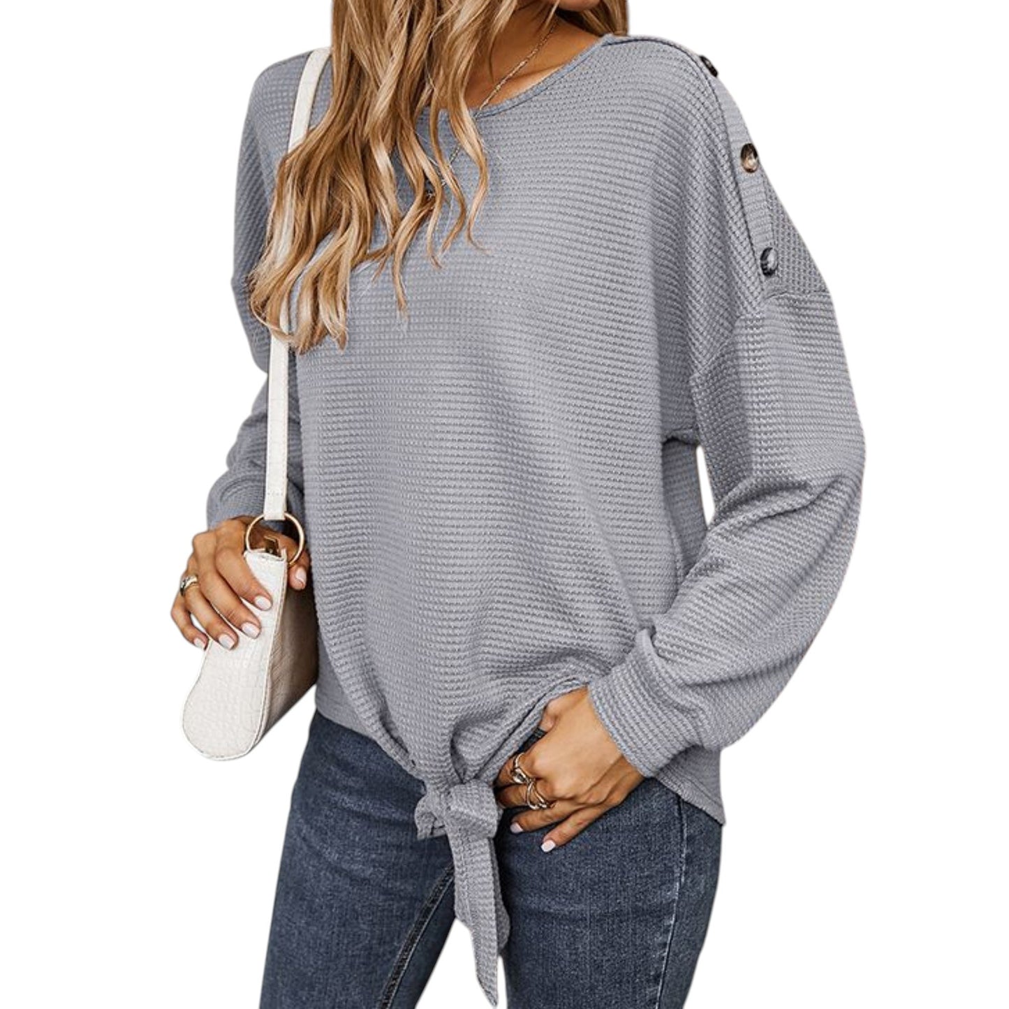 Long Sleeve Waffle Knit Pullover Top with Shoulder Button Detail and Front Tie Hem
