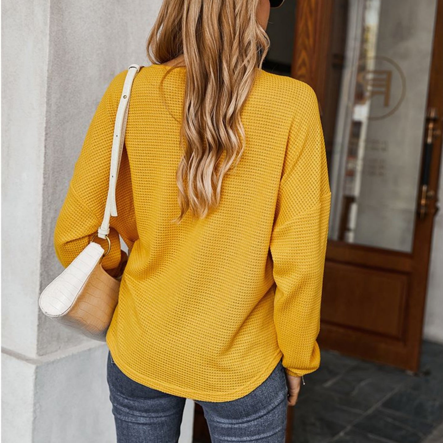 Long Sleeve Waffle Knit Pullover Top with Shoulder Button Detail and Front Tie Hem