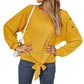 Long Sleeve Waffle Knit Pullover Top with Shoulder Button Detail and Front Tie Hem