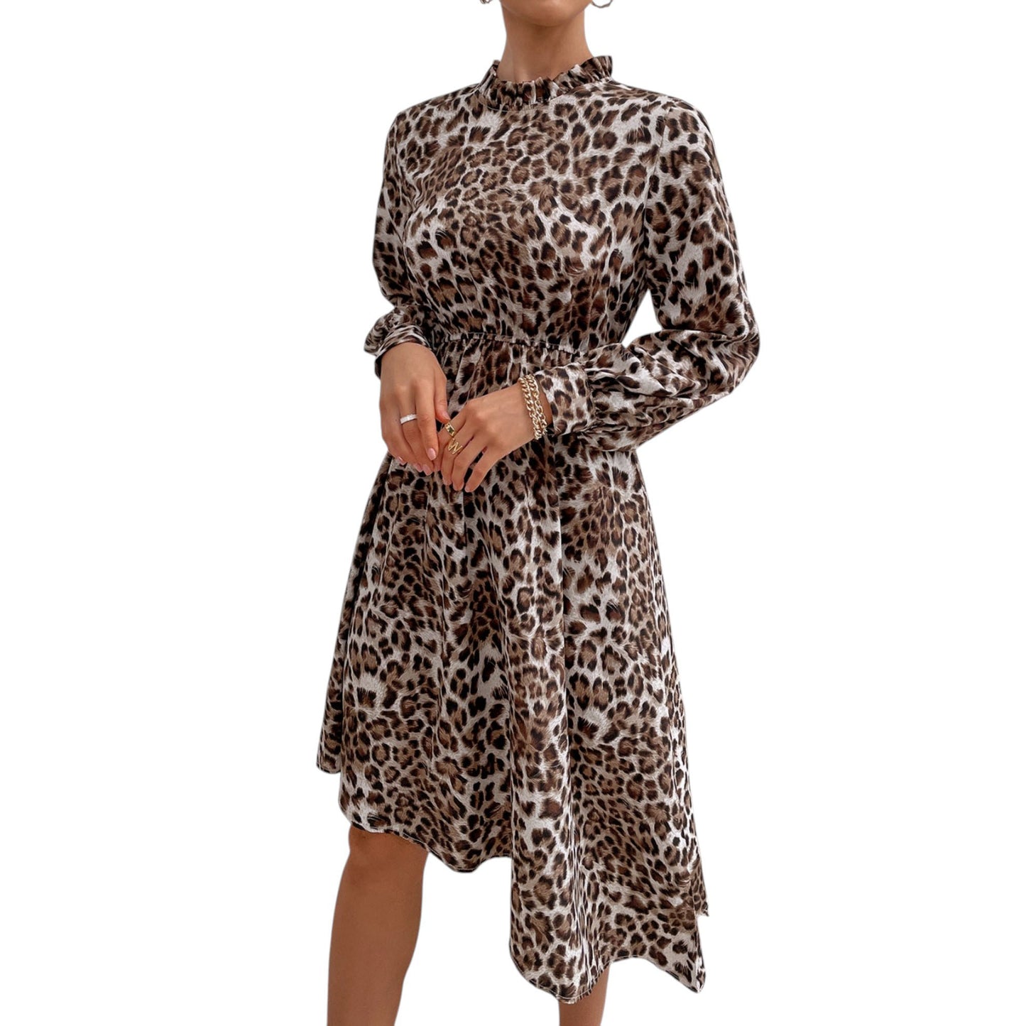 Long Sleeve Leopard Print Midi Dress with High Neckline and Asymmetrical Hem