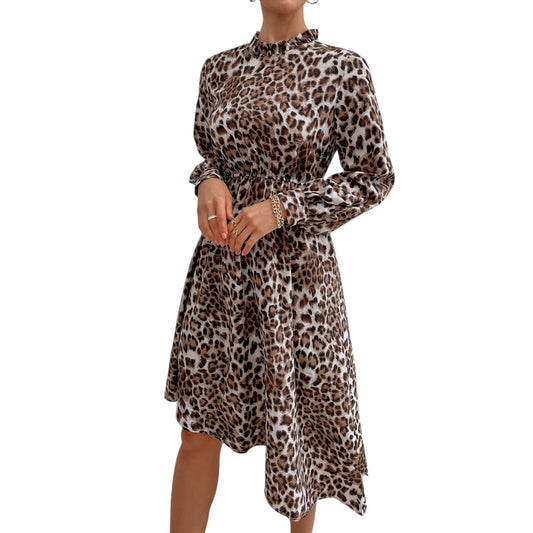 Long Sleeve Leopard Print Midi Dress with High Neckline and Asymmetrical Hem