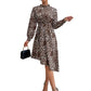 Long Sleeve Leopard Print Midi Dress with High Neckline and Asymmetrical Hem