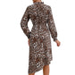 Long Sleeve Leopard Print Midi Dress with High Neckline and Asymmetrical Hem