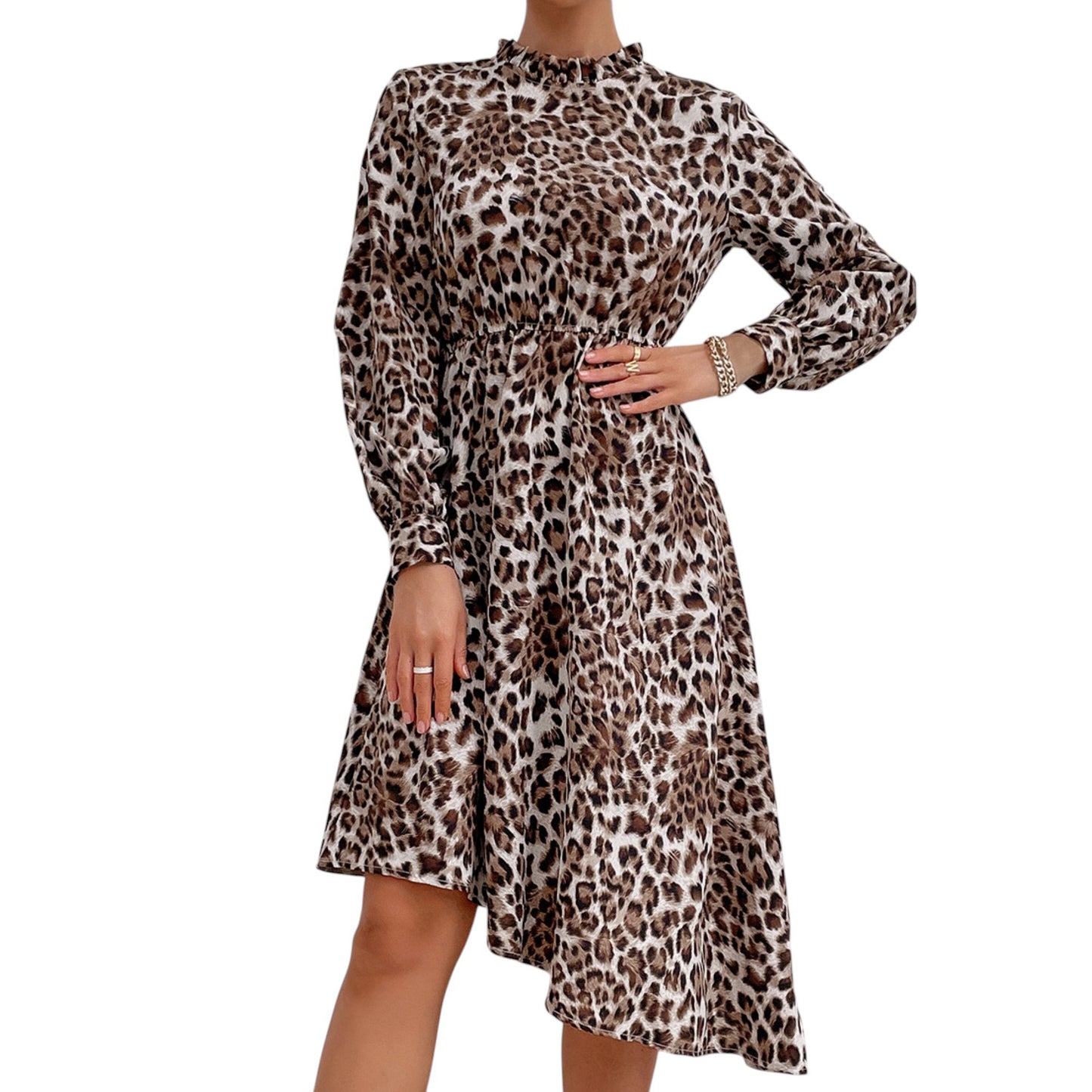 Long Sleeve Leopard Print Midi Dress with High Neckline and Asymmetrical Hem