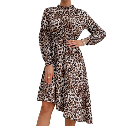 Long Sleeve Leopard Print Midi Dress with High Neckline and Asymmetrical Hem