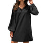 Long Sleeve Mini Shift Dress with V-Neckline and Lace Trim Detail