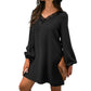 Long Sleeve Mini Shift Dress with V-Neckline and Lace Trim Detail