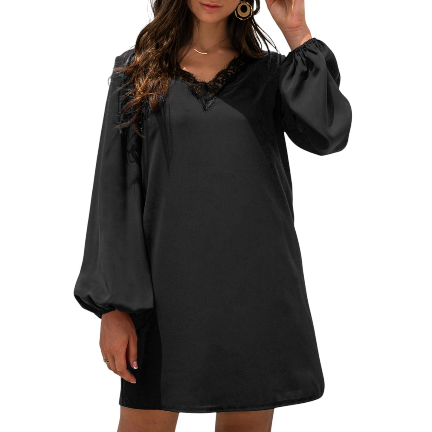 Long Sleeve Mini Shift Dress with V-Neckline and Lace Trim Detail