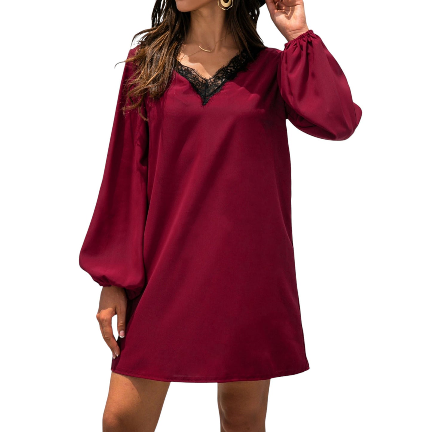 Long Sleeve Mini Shift Dress with V-Neckline and Lace Trim Detail