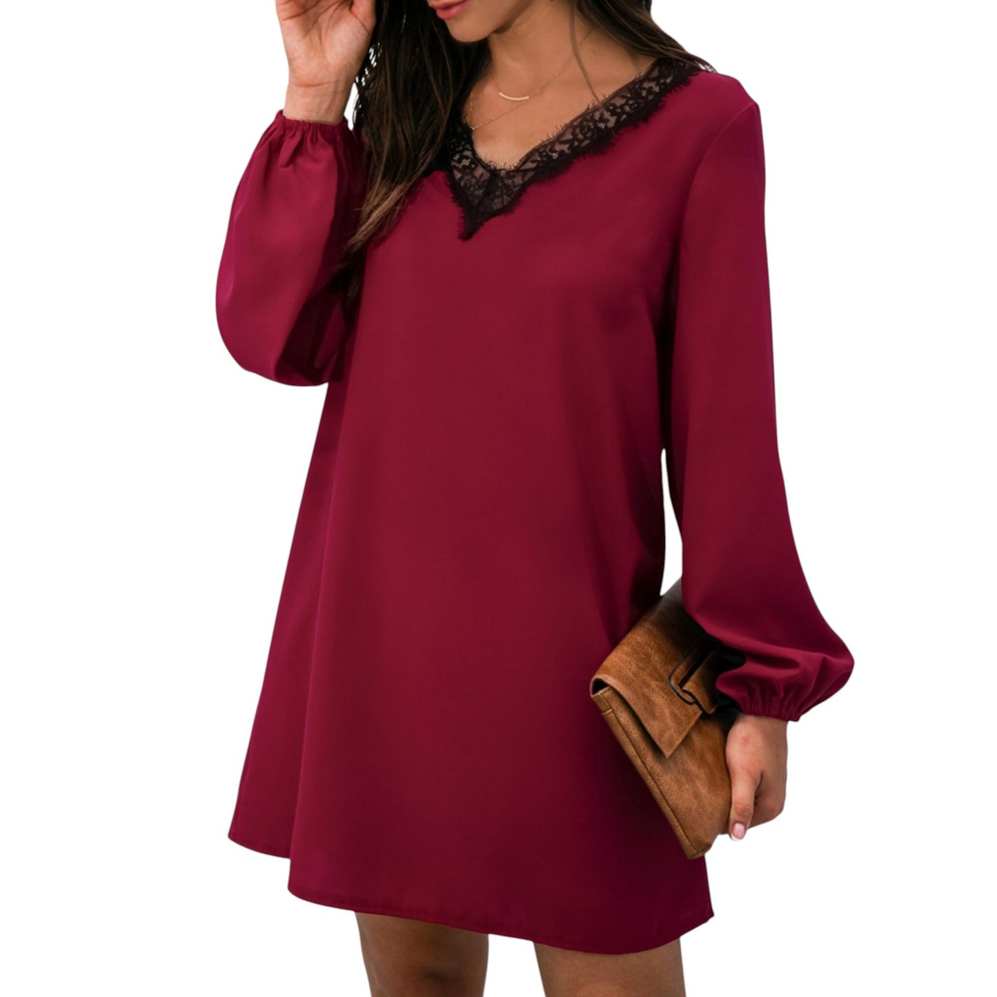 Long Sleeve Mini Shift Dress with V-Neckline and Lace Trim Detail