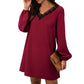Long Sleeve Mini Shift Dress with V-Neckline and Lace Trim Detail