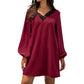 Long Sleeve Mini Shift Dress with V-Neckline and Lace Trim Detail