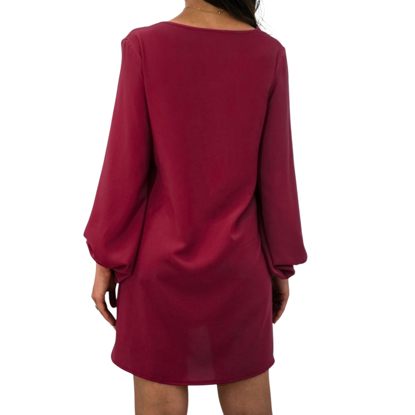 Long Sleeve Mini Shift Dress with V-Neckline and Lace Trim Detail