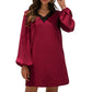 Long Sleeve Mini Shift Dress with V-Neckline and Lace Trim Detail