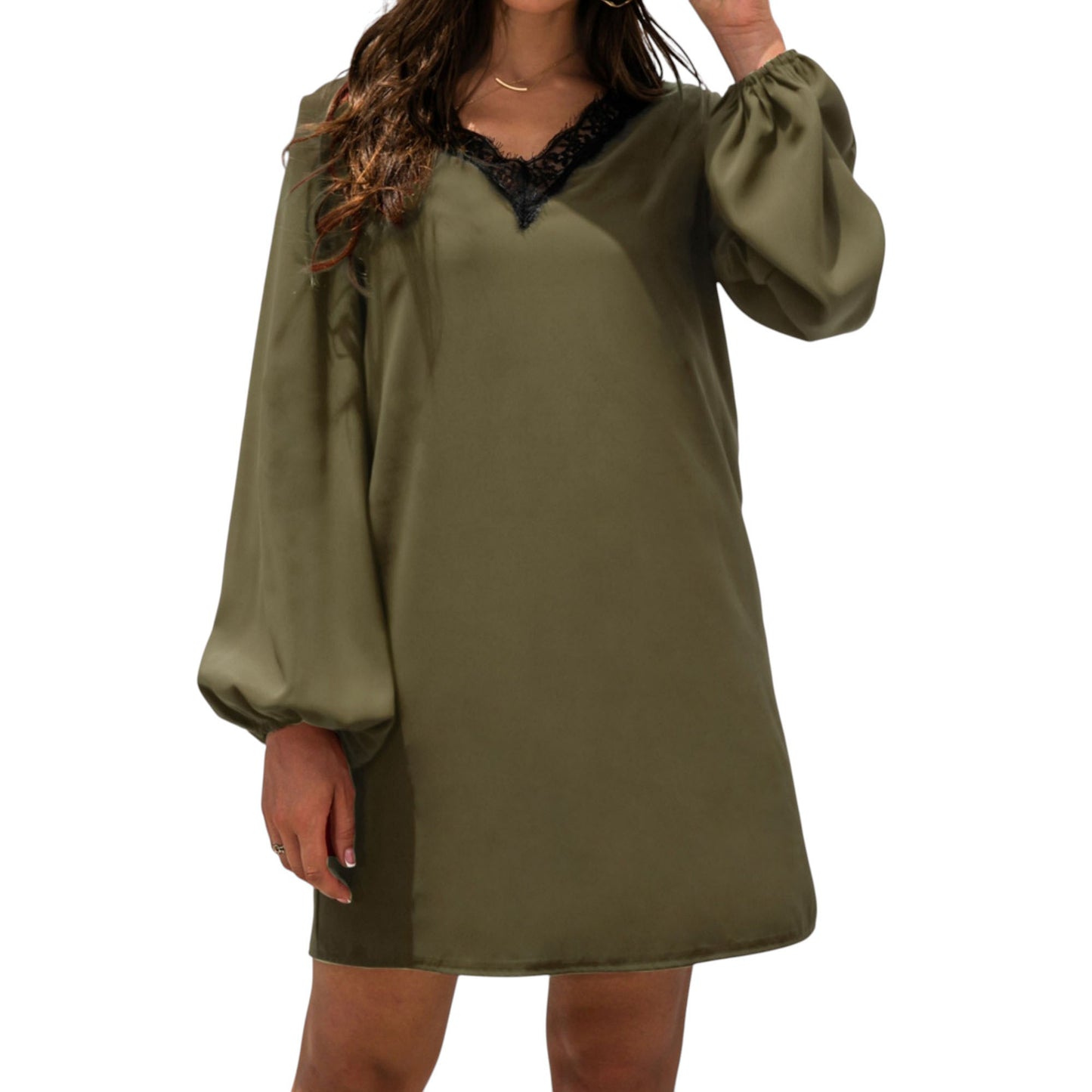 Long Sleeve Mini Shift Dress with V-Neckline and Lace Trim Detail