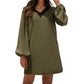 Long Sleeve Mini Shift Dress with V-Neckline and Lace Trim Detail